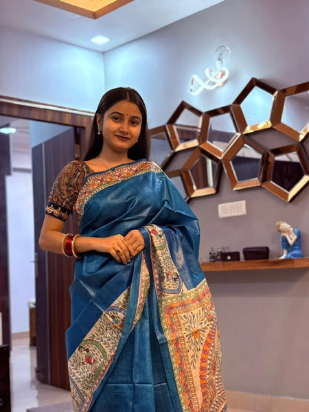 Handpainted gheecha silk saree Mithila Gram