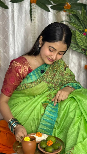 Madhubani Painted Cotton Saree Mithila Gram