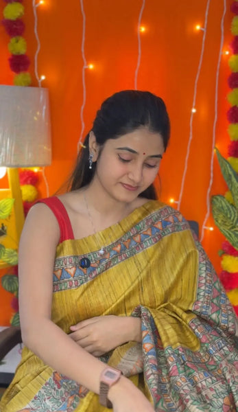 Madhubani Painted Gheecha Tussar Silk Saree Mithila Gram