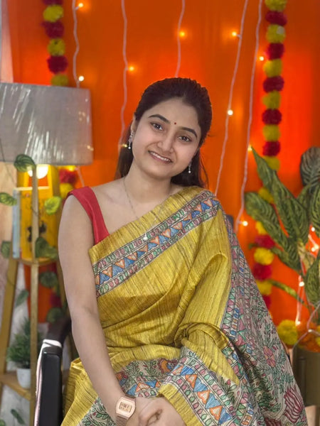 Madhubani Painted Gheecha Tussar Silk Saree Mithila Gram