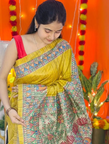 Madhubani Painted Gheecha Tussar Silk Saree Mithila Gram