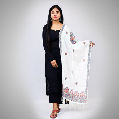 Handcrafted Linen White Stole Mithila Gram