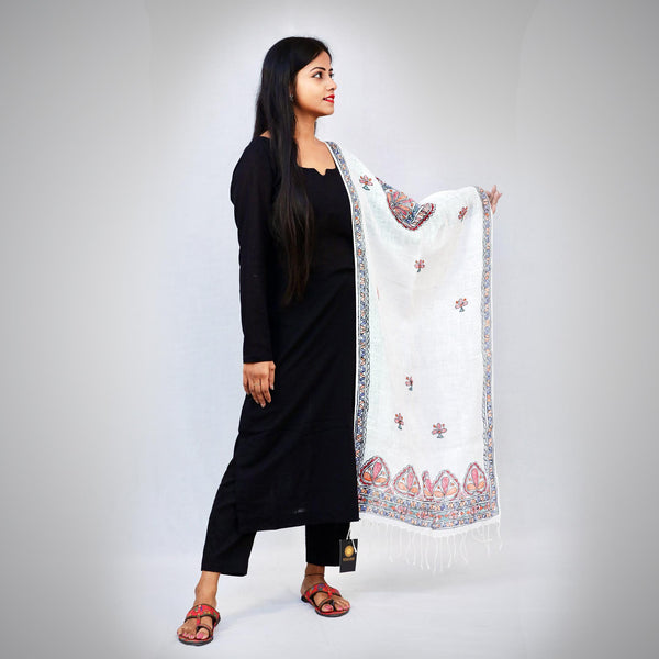 Handcrafted Linen White Stole Mithila Gram