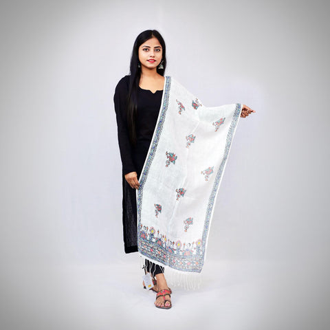 Handcrafted White Linen Stole Mithila Gram