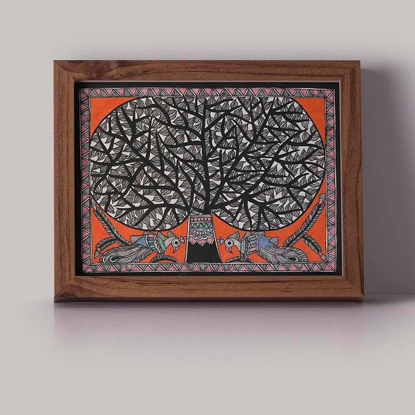 Handmade Paper peacock and Tree Poster Wall painting Mithila Gram