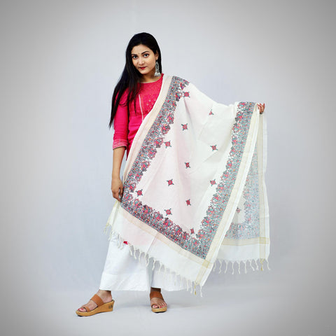 Handpainted Cotton Off White Dupatta Mithila Gram