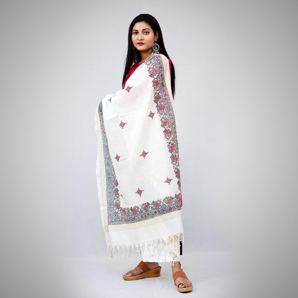 Handpainted Cotton Off White Dupatta Mithila Gram