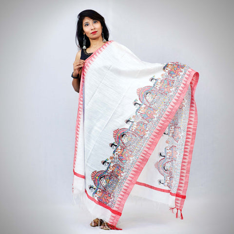 Handpainted Cotton White Dupatta Mithila Gram