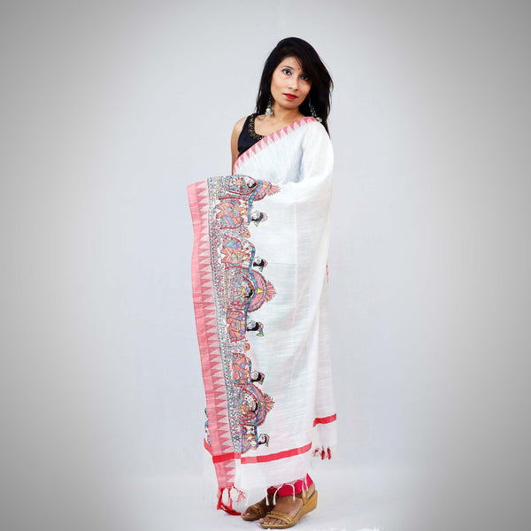 Handpainted Cotton White Dupatta Mithila Gram