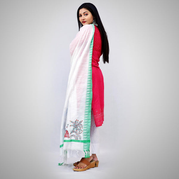 Handpainted Cotton White Dupatta Mithila Gram