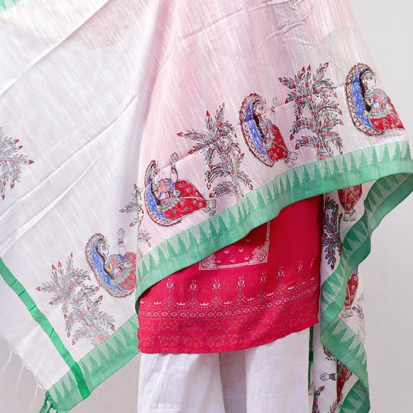 Handpainted Cotton White Dupatta Mithila Gram