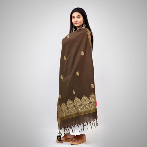 Handpainted Cotton brown Dupatta Mithila Gram