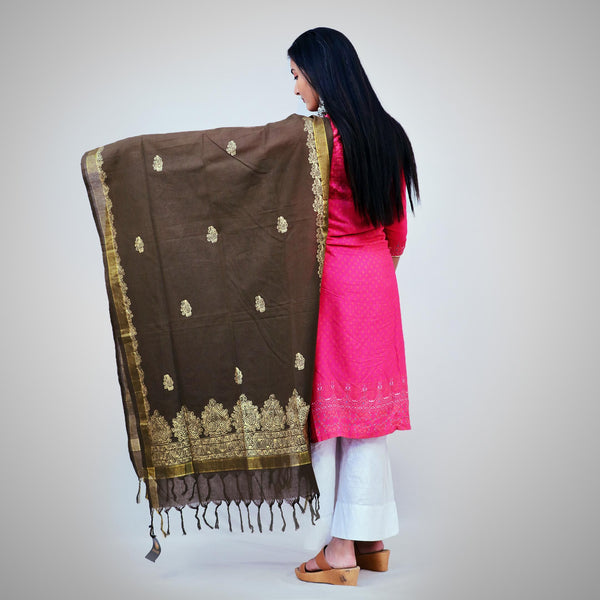 Handpainted Cotton brown Dupatta Mithila Gram