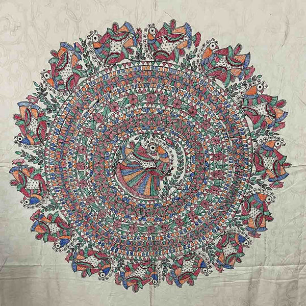 Handpainted Fish Double Bedsheet with Pillow Cover Mithila Gram