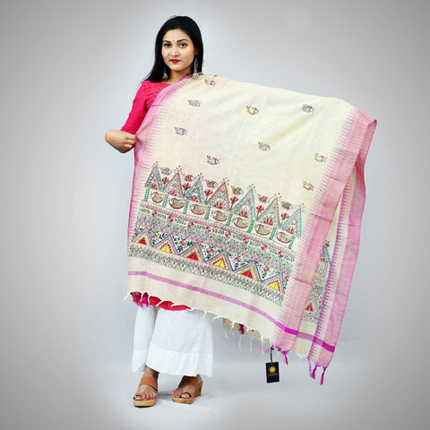 Handpainted Khadi Cotton White Dupatta Mithila Gram