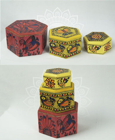Handpainted Set of 3 Multipurpose Box Mithila Gram
