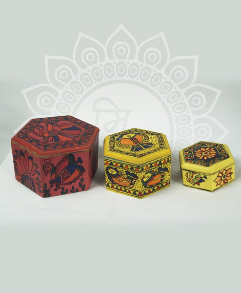 Handpainted Set of 3 Multipurpose Box Mithila Gram
