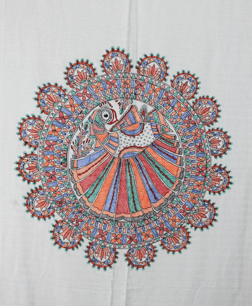 Handpainted White Peacock Double Bedsheet with Pillow Cover Mithila Gram