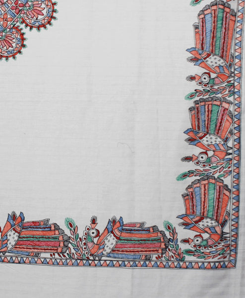 Handpainted White Peacock Double Bedsheet with Pillow Cover Mithila Gram