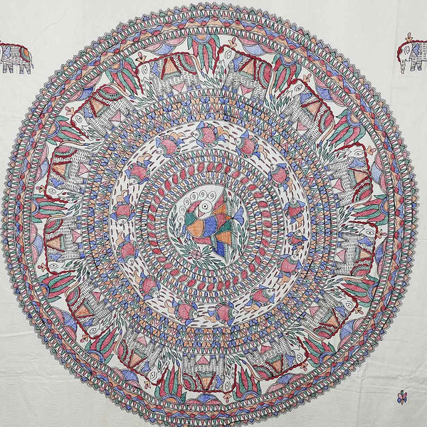 Handpainted White Peacock Double Bedsheet with Pillow Cover Mithila Gram