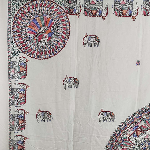 Handpainted White Peacock Double Bedsheet with Pillow Cover Mithila Gram
