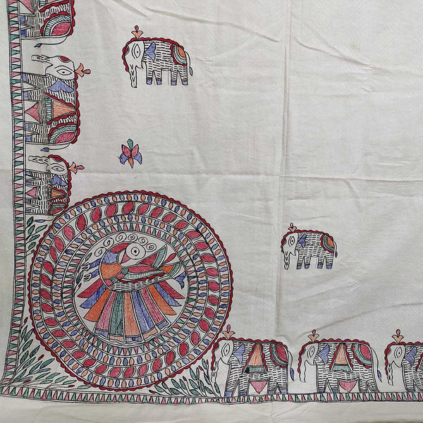 Handpainted White Peacock Double Bedsheet with Pillow Cover Mithila Gram