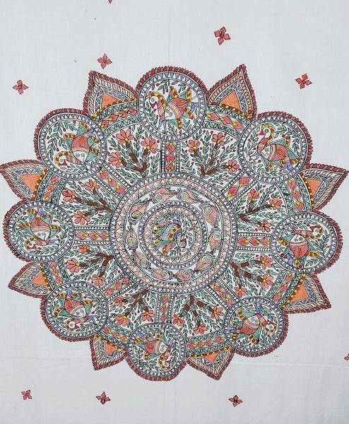 Handpainted White Peacock Fish Double Bedsheet with Pillow Cover Mithila Gram