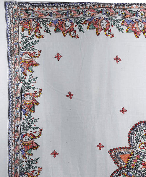 Handpainted White Peacock Fish Double Bedsheet with Pillow Cover Mithila Gram