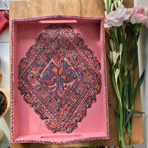 Handpainted Wooden Multipurpose Tray Mithila Gram