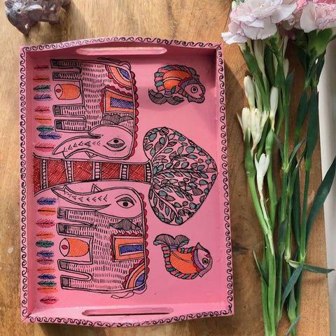 Handpainted Wooden Multipurpose Tray Mithila Gram
