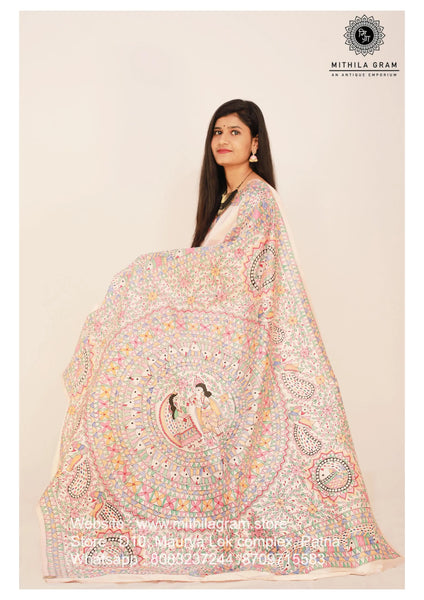 Madhubani Painted 80gm Banglore Silk Saree Mithila Gram