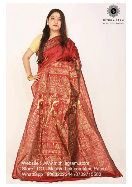 Madhubani Painted Banglore Silk Saree Mithila Gram