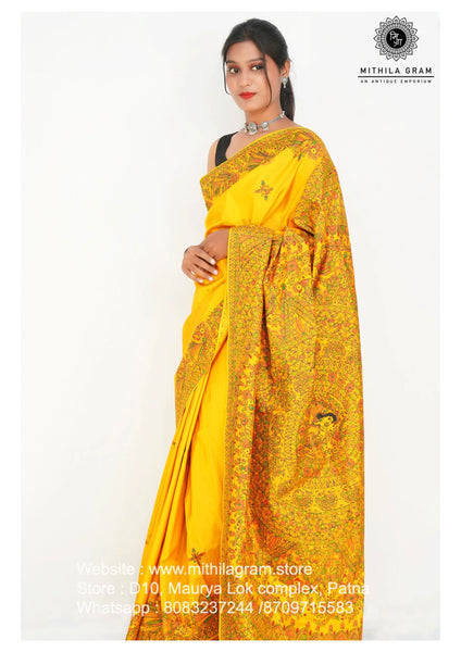 Madhubani Painted Banglore Silk Saree Mithila Gram