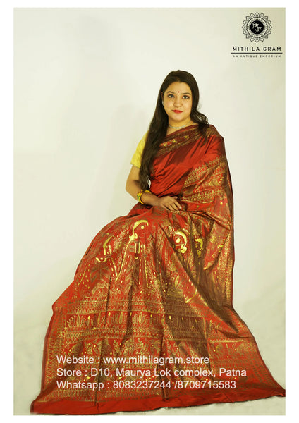 Madhubani Painted Banglore Silk Saree Mithila Gram