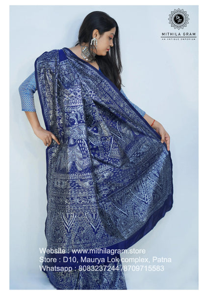 Madhubani Painted Banglore Silk Saree Mithila Gram
