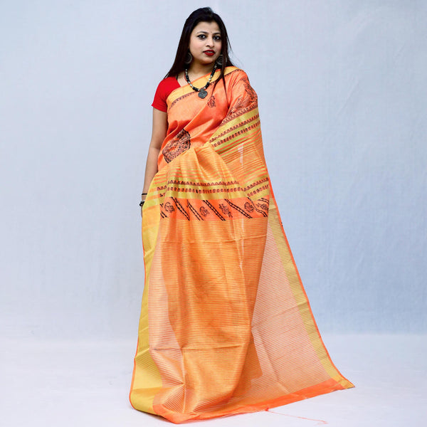 Madhubani Painted Bengal Silk Saree Mithila Gram