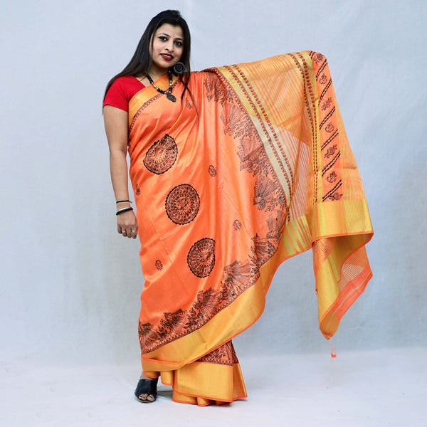 Madhubani Painted Bengal Silk Saree Mithila Gram