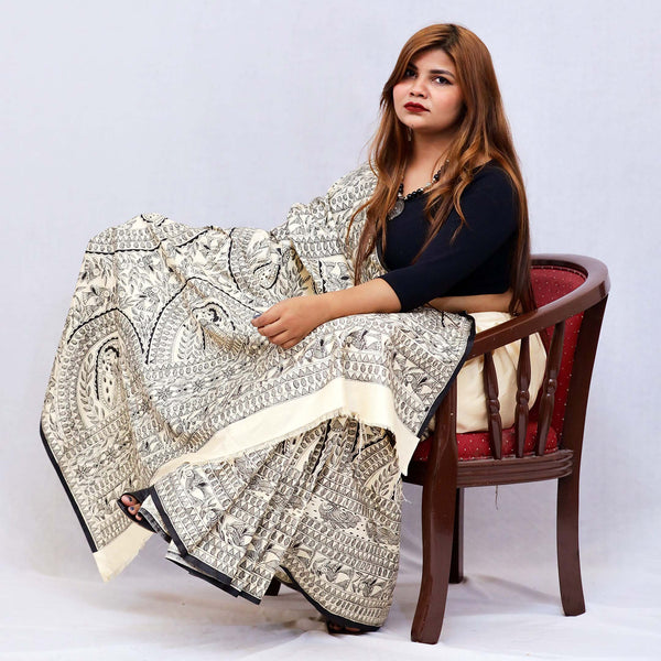Madhubani Painted Bengal Silk Saree Mithila Gram