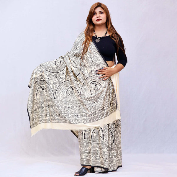 Madhubani Painted Bengal Silk Saree Mithila Gram