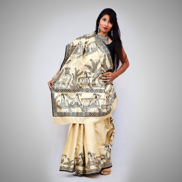 Madhubani Painted Bengal Silk Saree Mithila Gram