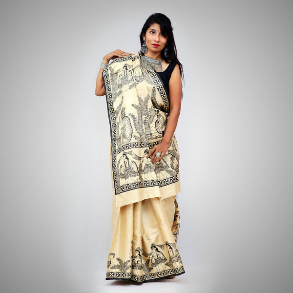 Madhubani Painted Bengal Silk Saree Mithila Gram