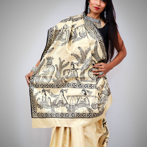 Madhubani Painted Bengal Silk Saree Mithila Gram