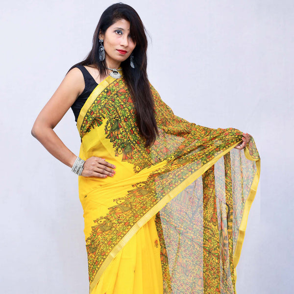 Madhubani Painted Chiffon Saree Mithila Gram
