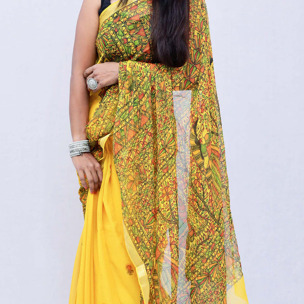 Madhubani Painted Chiffon Saree Mithila Gram
