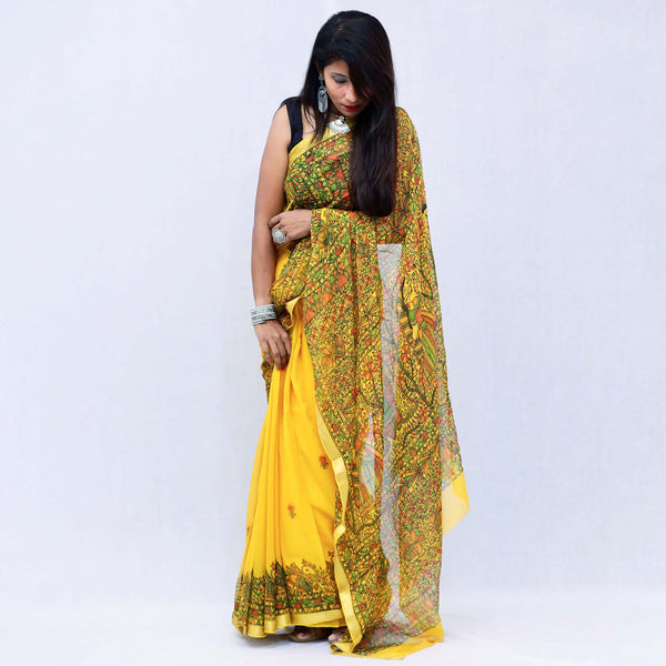 Madhubani Painted Chiffon Saree Mithila Gram
