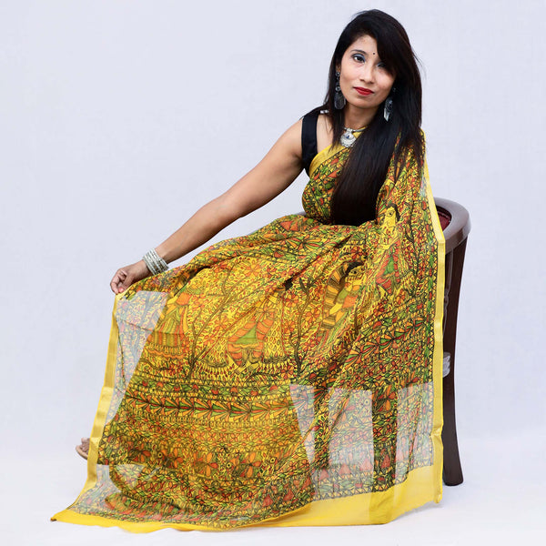 Madhubani Painted Chiffon Saree Mithila Gram