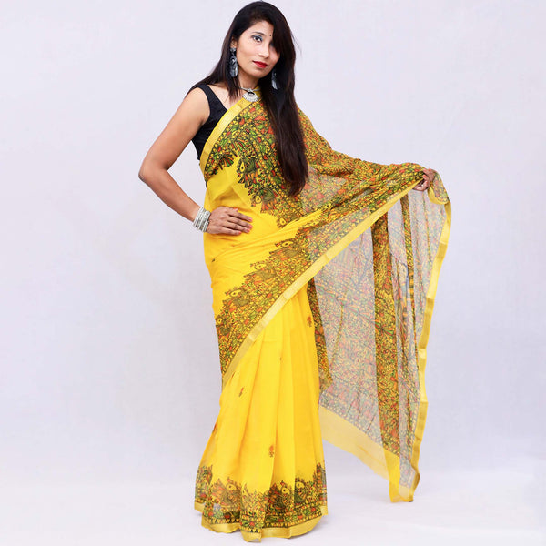 Madhubani Painted Chiffon Saree Mithila Gram