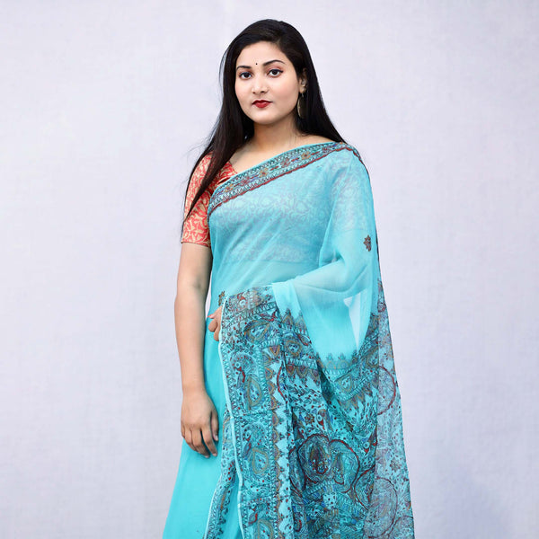 Madhubani Painted Ciffon Saree Mithila Gram