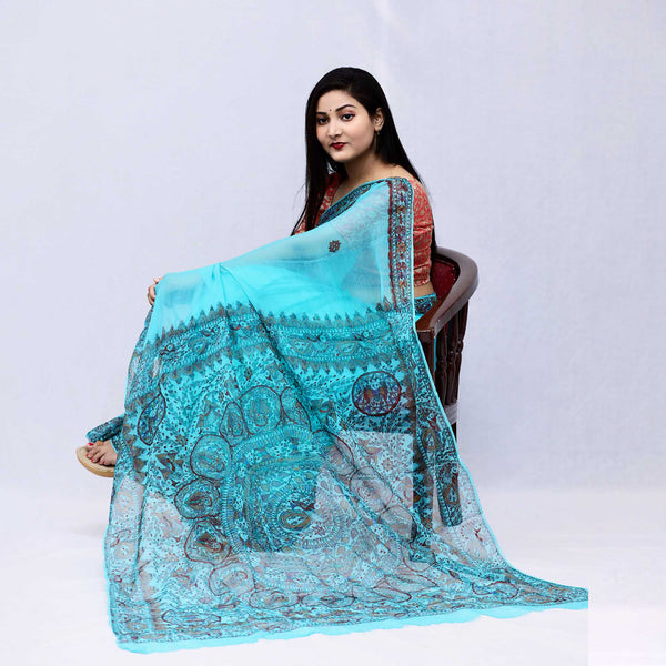 Madhubani Painted Ciffon Saree Mithila Gram