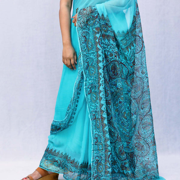 Madhubani Painted Ciffon Saree Mithila Gram